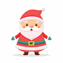 Obraz premium Cute cartoon Santa Claus with red suit, white beard, and belt, standing happily on white background, Christmas character illustration.