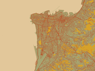 Fototapeta premium Graphic flat color map of Beirut, Lebanon in muted sage base, rust-colored roads, and soft ochre highlights.