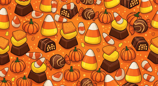 Seamless Halloween Wallpaper Pattern with Candy Corn and Pumpkins