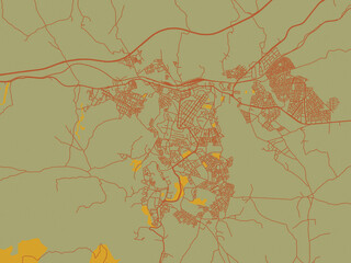 Naklejka premium Modern flat map poster of Taza, Morocco in muted sage base, rust-colored roads, and soft ochre highlights.
