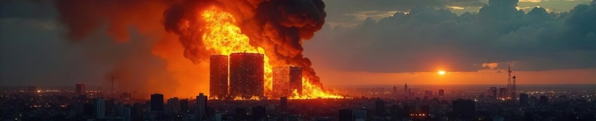 Burning Building, Economic Crisis, Financial Hardship, Inflation, Devastation, Smoke, Flames, Destruction, Dramatic Sky, Urban Disaster, Gloomy Atmosphere, Stock Photo