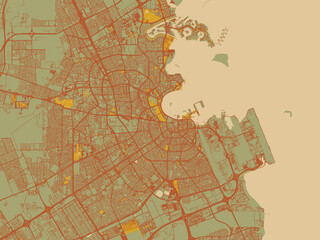 Vector-style flat map of Doha, Qatar with sage green ground with rust-red roads and ochre accents.