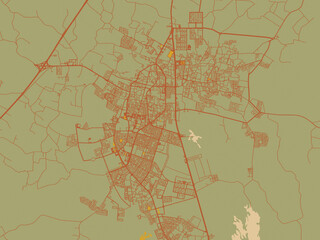 Flat painterly map of Sakakah, Saudi Arabia in sage/olive tone field with rust networks and ochre shapes, cream water.