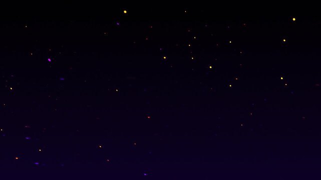glowing multicolor red, yellow, and violet fire spark fragments floating loop on a violet dark background