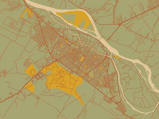 Obraz premium Flat painterly map of Deir ez-Zor, Syrian Arab Republic in earthy sage background with rust roadways and ochre details.