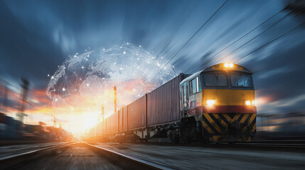 Obraz premium Twilight view of Container truck in ship port for business Logistics and transportation of Container Cargo ship and Cargo plane with working crane bridge with Earth and world map