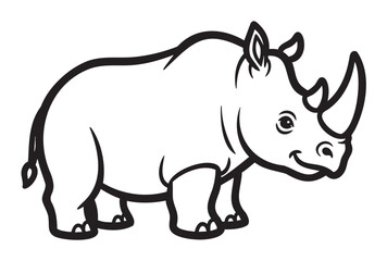 Obraz premium Black outline drawing of a rhinoceros in a simple cartoon style, showcasing its prominent horn and sturdy legs.