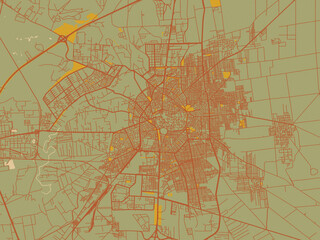 Graphic flat color map of Homs, Syrian Arab Republic in olive backdrop with warm rust street network and ochre blocks.