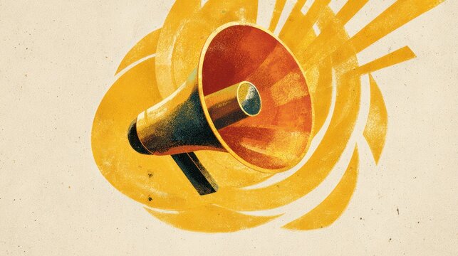 Illustration of a megaphone with radiating yellow sun-like beams against a beige background