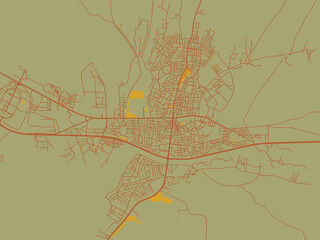 Minimalist flat city map of Agri, T&uuml;rkiye with muted sage base, rust-colored roads, and soft ochre highlights.