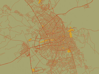 Flat painterly map of Aksaray, Türkiye in olive backdrop with warm rust street network and ochre blocks.