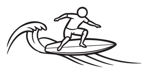 Fototapeta premium Black outline drawing of a person surfing on a wave, showcasing dynamic motion and balance.