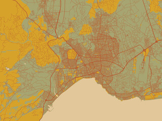 Fototapeta premium Poster-ready flat map of Antalya, Türkiye, sage/olive tone field with rust networks and ochre shapes, cream water.