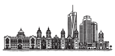 Black outline drawing of a city skyline showcasing a mix of historic and modern buildings, highlighting architectural diversity.