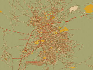 Naklejka premium Decorative flat city map of Corum, Türkiye using sage green ground with rust-red roads and ochre accents.