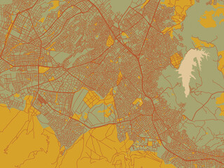 Flat painterly map of Denizli, Türkiye in sage/olive tone field with rust networks and ochre shapes, cream water.