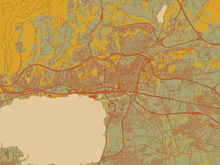 Fototapeta premium Vector-style flat map of Izmit, Türkiye with muted sage base, rust-colored roads, and soft ochre highlights.