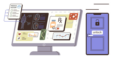 Computer displaying medical data, test results, and prescriptions next to a locked door. Ideal for healthcare, digital security, telemedicine, research, privacy data management innovation. Simple
