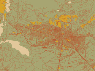 Decorative flat city map of Kahramanmaras, Türkiye using olive backdrop with warm rust street network and ochre blocks.