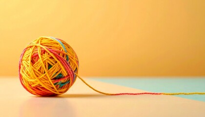 Yellow and pink yarn ball on dual tone background of bright yellow and soft beige highlighting creativity and contrast