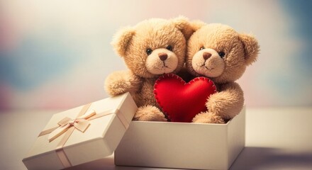 Sweet Surprise: Two Teddy Bears with Heart in Open Gift Box
