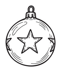 Obraz premium Black outline drawing of a round christmas ornament with star designs, featuring a loop at the top for hanging.