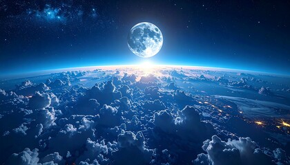 Obraz premium An awe-inspiring view from space showcasing a luminous full moon rising over Earth's atmosphere, with swirling cloud formations