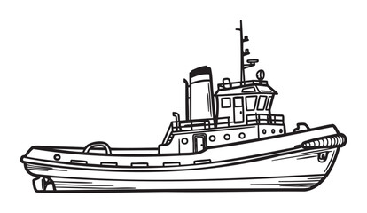Obraz premium Detailed black and white illustration of a tugboat, showing intricate design with a focus on the smokestack and antenna.