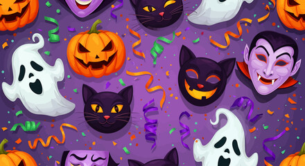 Fototapeta premium Vibrant Halloween Wallpaper Background with Festive Spooky Characters, Pumpkins, and Confetti Design