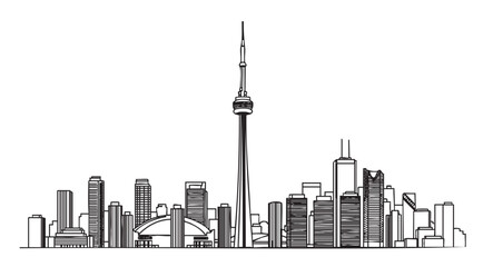 Naklejka premium Black outline of toronto city skyline featuring prominent buildings like the cn tower and a variety of high-rise structures.