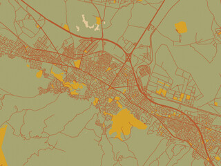 Vector-style flat map of Kutahya, Türkiye with sage/olive tone field with rust networks and ochre shapes, cream water.