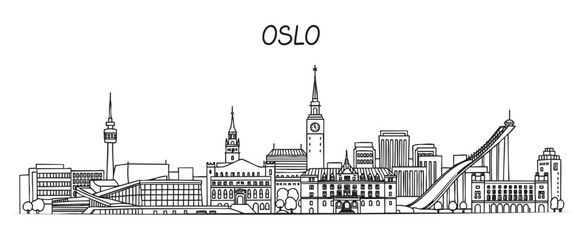 Black outline vector cityscape showcasing architectural landmarks of oslo, featuring modern and historic buildings with unique skyline elements.