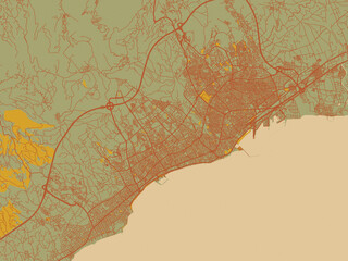 Fototapeta premium Modern flat map poster of Mersin, Türkiye in earthy sage background with rust roadways and ochre details.