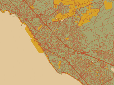 Abstract flat-design map of Maltepe, T&uuml;rkiye, featuring olive backdrop with warm rust street network and ochre blocks.