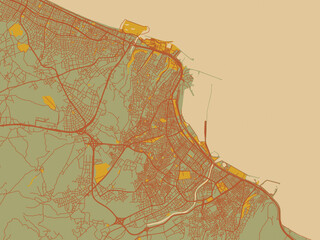 Fototapeta premium Vector-style flat map of Samsun, Türkiye with muted sage base, rust-colored roads, and soft ochre highlights.