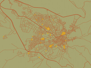 Minimalist flat city map of Siirt, Türkiye with sage/olive tone field with rust networks and ochre shapes, cream water.