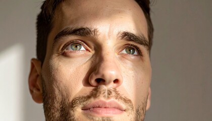 Obraz premium Intense gaze of a young man looking hopefully towards the future, a portrait that inspires optimism and aspiration