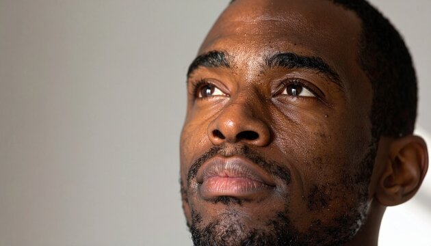 Close-up portrait of thoughtful African American man looking upward symbolizing strength and inspiration - Powered by Adobe