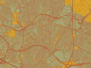 Poster-ready flat map of Umraniye, Türkiye, olive backdrop with warm rust street network and ochre blocks.