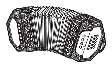 Black outline drawing of a detailed, classic accordion with decorative end panels and bellows in an expanded position.