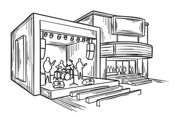 Black outline drawing of a live band performing on an outdoor stage with an audience gathering at a nearby building.