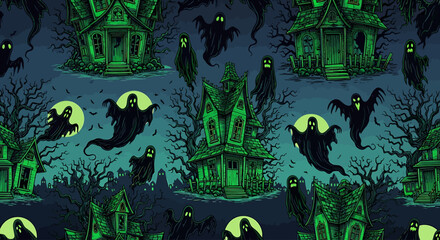 Spooky Haunted House and Ghostly Figures Halloween Wallpaper in a Glowing Green Night Scene