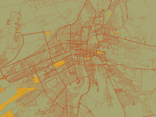Obraz premium Graphic flat color map of Al Ain City, United Arab Emirates in earthy sage background with rust roadways and ochre details.