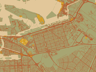 Graphic flat color map of Khalifah A City, United Arab Emirates in earthy sage background with rust roadways and ochre details.