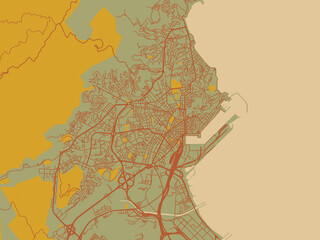 Fototapeta premium Decorative flat city map of Annaba, Algeria using sage/olive tone field with rust networks and ochre shapes, cream water.