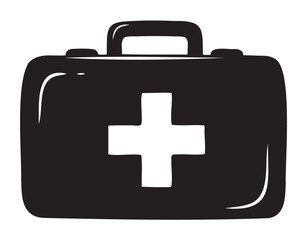 Obraz premium Black silhouette of a first aid kit with a prominent white cross on the front, symbolizing healthcare and emergency preparedness.