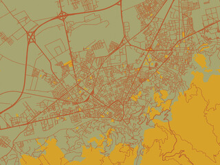 Flat painterly map of Blida, Algeria in earthy sage background with rust roadways and ochre details.