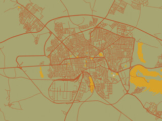 Graphic flat color map of Bordj Bou Arreridj, Algeria in muted sage base, rust-colored roads, and soft ochre highlights.
