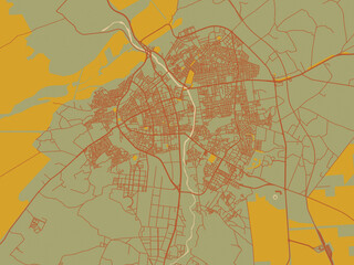 Minimalist flat city map of Djelfa, Algeria with olive backdrop with warm rust street network and ochre blocks.