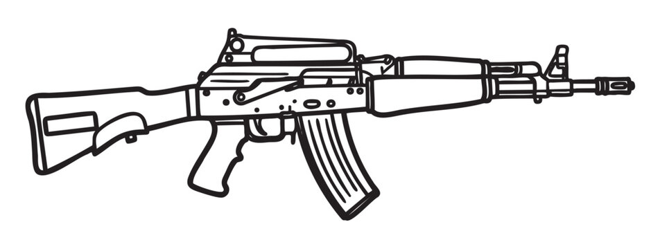 Black outline drawing of a rifle with a distinctive curved magazine and skeletal stock, showcasing detailed components and parts.